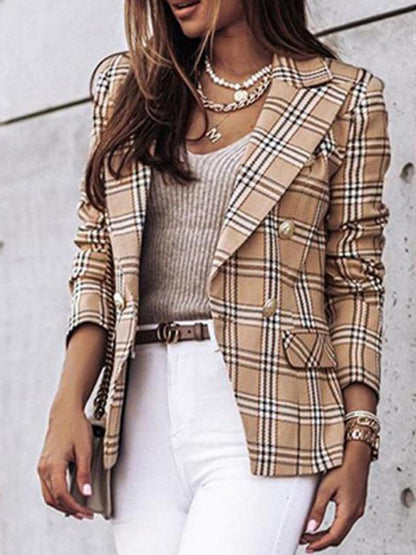 Long-Sleeved Double-Breasted Plaid-Print Blazer for Women