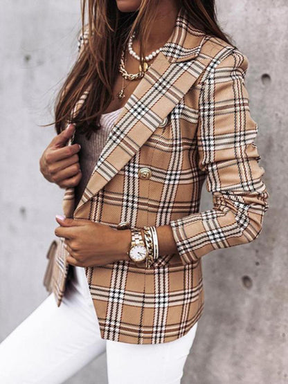Long-Sleeved Double-Breasted Plaid-Print Blazer for Women