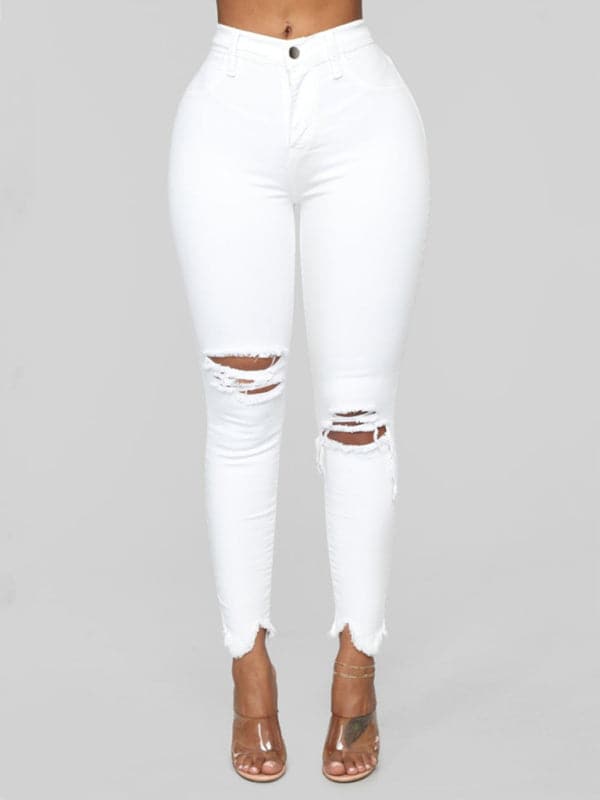 Chic women's ripped denim trousers