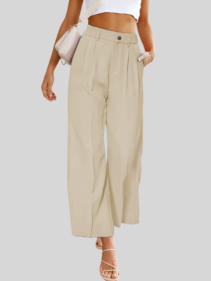 High-Waisted Women's Wide Leg Trousers with Pockets - Casual Button-Down Design