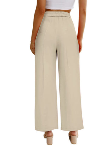 High-Waisted Women's Wide Leg Trousers with Pockets - Casual Button-Down Design