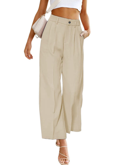 High-Waisted Women's Wide Leg Trousers with Pockets - Casual Button-Down Design