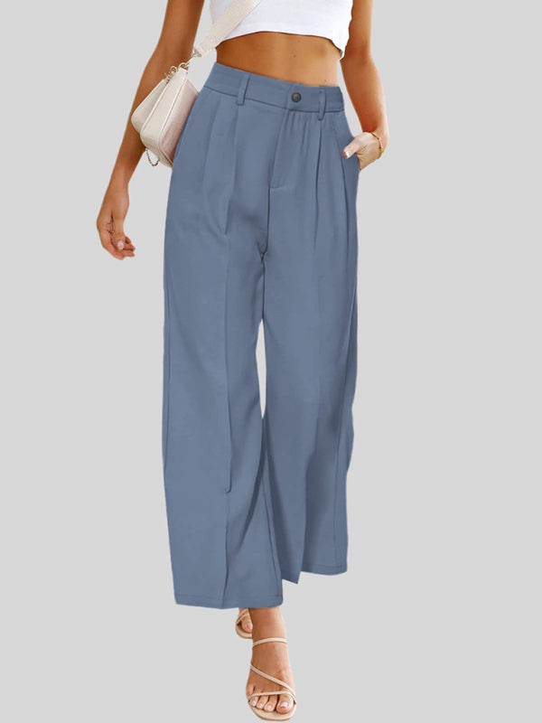 High-Waisted Women's Wide Leg Trousers with Pockets - Casual Button-Down Design