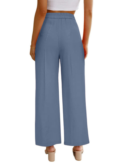 High-Waisted Women's Wide Leg Trousers with Pockets - Casual Button-Down Design