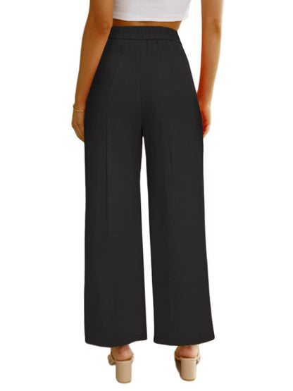 High-Waisted Women's Wide Leg Trousers with Pockets - Casual Button-Down Design