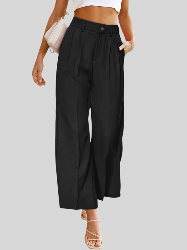 High-Waisted Women's Wide Leg Trousers with Pockets - Casual Button-Down Design