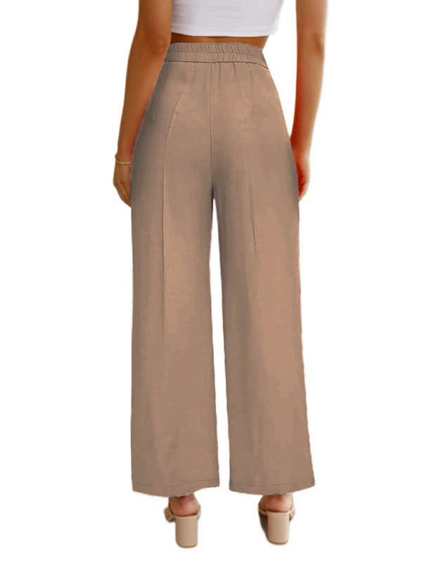 High-Waisted Women's Wide Leg Trousers with Pockets - Casual Button-Down Design