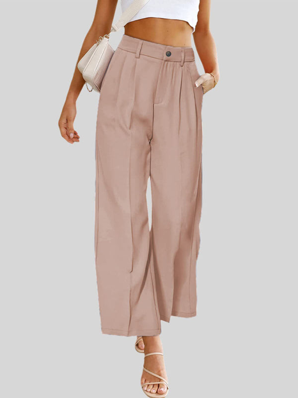 High-Waisted Women's Wide Leg Trousers with Pockets - Casual Button-Down Design