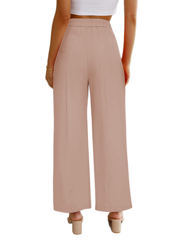 High-Waisted Women's Wide Leg Trousers with Pockets - Casual Button-Down Design