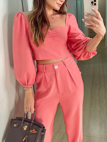 Chic women's two-piece set, square collar top & high-waist trousers