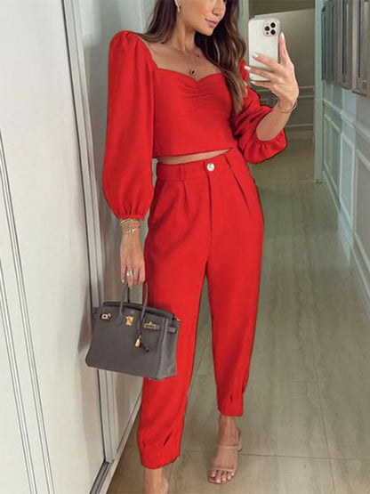 Chic women's two-piece set, square collar top & high-waist trousers