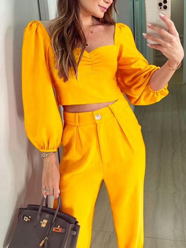 Chic women's two-piece set, square collar top & high-waist trousers