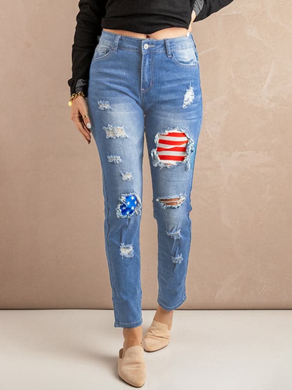 Striped star denim trousers for women