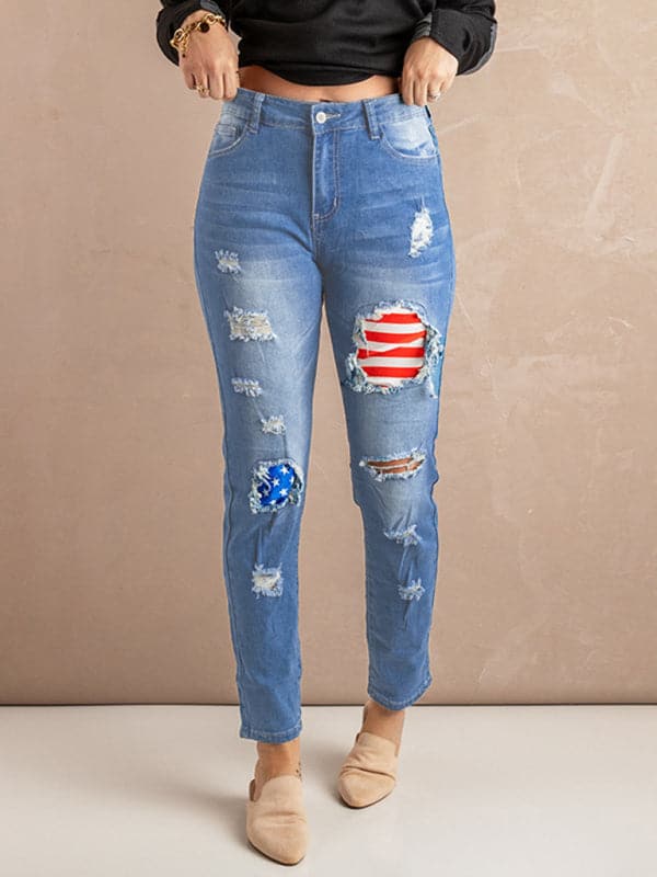 Striped star denim trousers for women