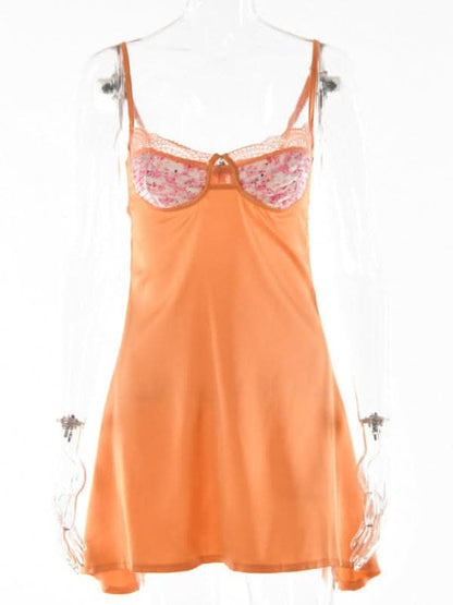 Lace splicing sexy sexy suspender skirt strap low-cut dress.