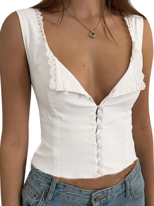 Lace-up square collar vest - solid color top