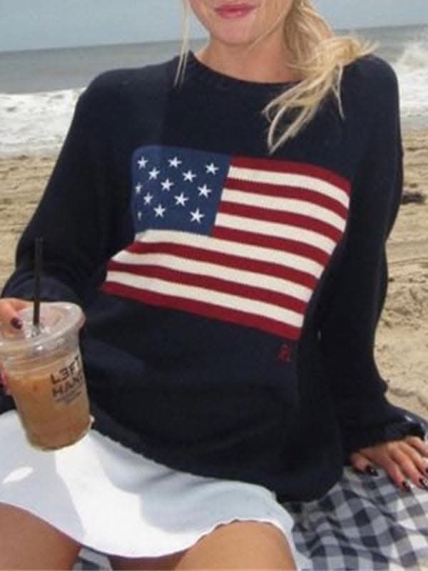 Loose American Flag Knit Long Sleeve Sweater.