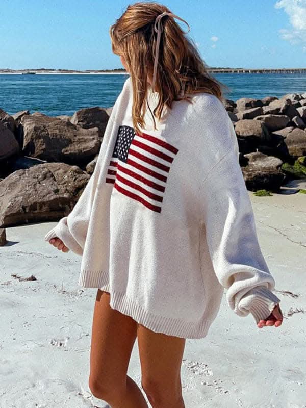 Loose American Flag Knit Long Sleeve Sweater.