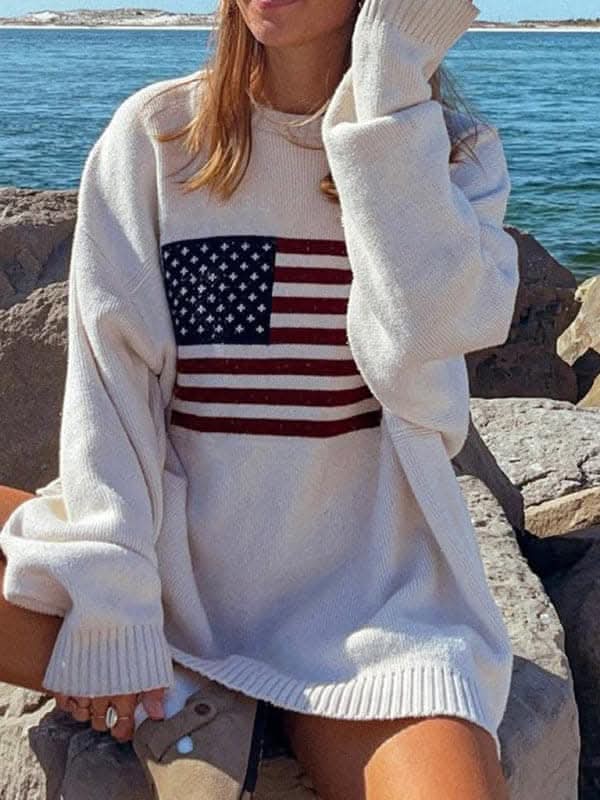 Loose American Flag Knit Long Sleeve Sweater.