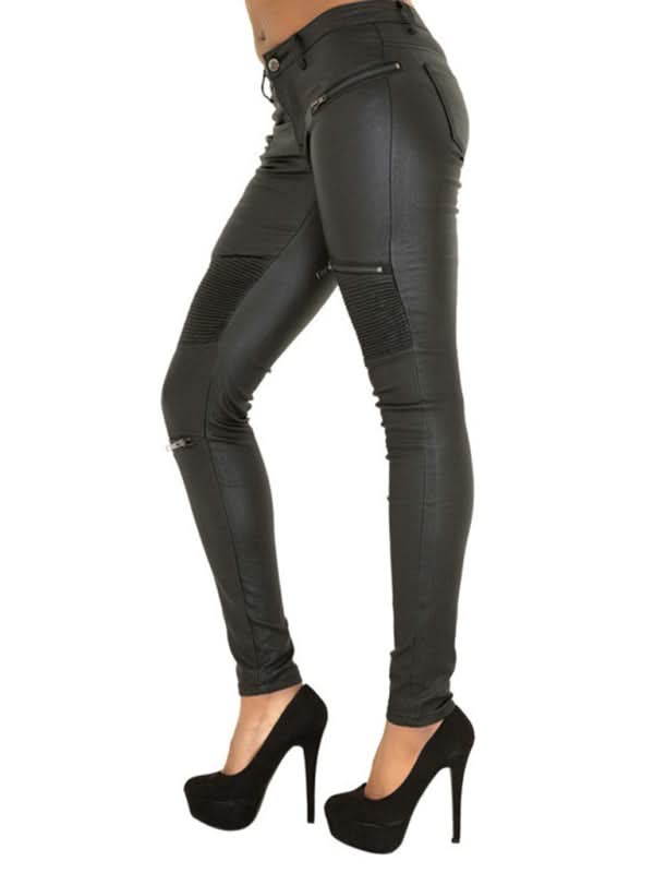 Women's Multi-Zip PU Motorcycle Skinny Pants