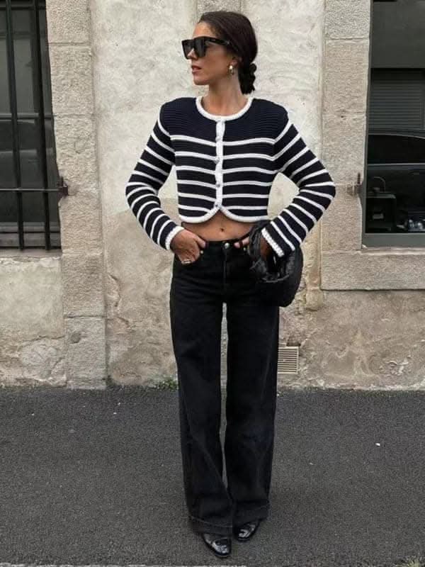 Round neck striped buttoned curved sweater cardigan jacket.