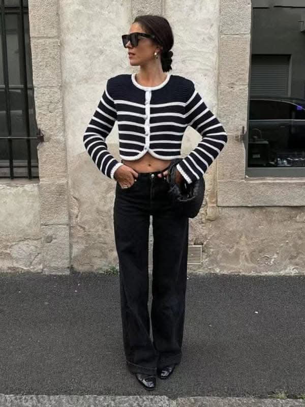 Round neck striped buttoned curved sweater cardigan jacket.