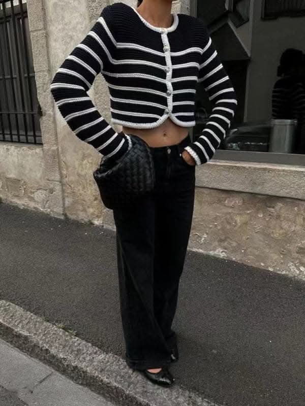 Round neck striped buttoned curved sweater cardigan jacket.