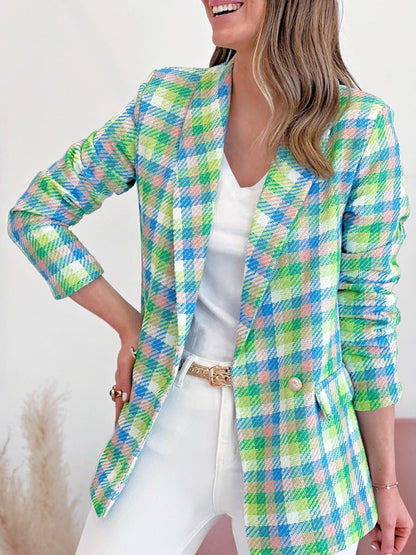 New Long Sleeve Pocket Printed Plaid Slim Fit Jacket