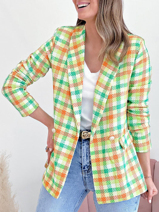 New Long Sleeve Pocket Printed Plaid Slim Fit Jacket