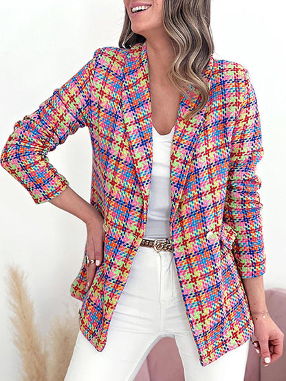 New Long Sleeve Pocket Printed Plaid Slim Fit Jacket