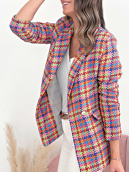 New Long Sleeve Pocket Printed Plaid Slim Fit Jacket