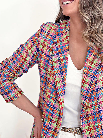 New Long Sleeve Pocket Printed Plaid Slim Fit Jacket