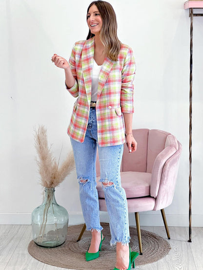 New Long Sleeve Pocket Printed Plaid Slim Fit Jacket