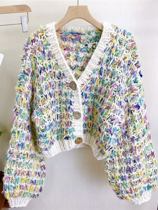 Women's Thick Knitted Colorful Hand-Knitted Sweater Jacket Lazy Style Outer Top.