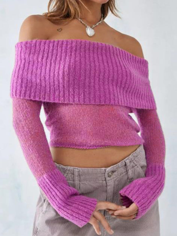 Women's Solid Knit Polyester Sweater with Slight Elasticity