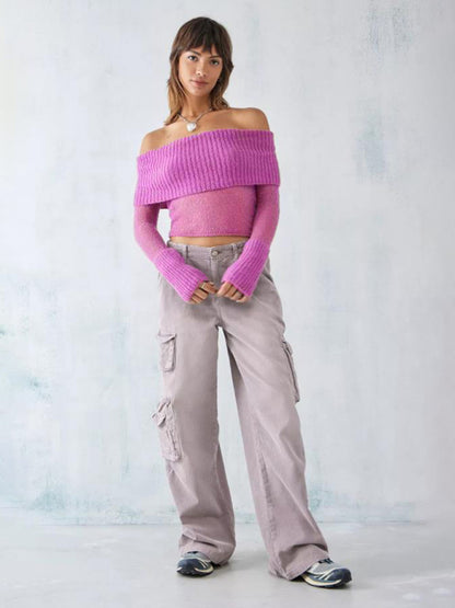 Women's Solid Knit Polyester Sweater with Slight Elasticity