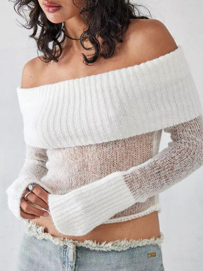 Women's Solid Knit Polyester Sweater with Slight Elasticity