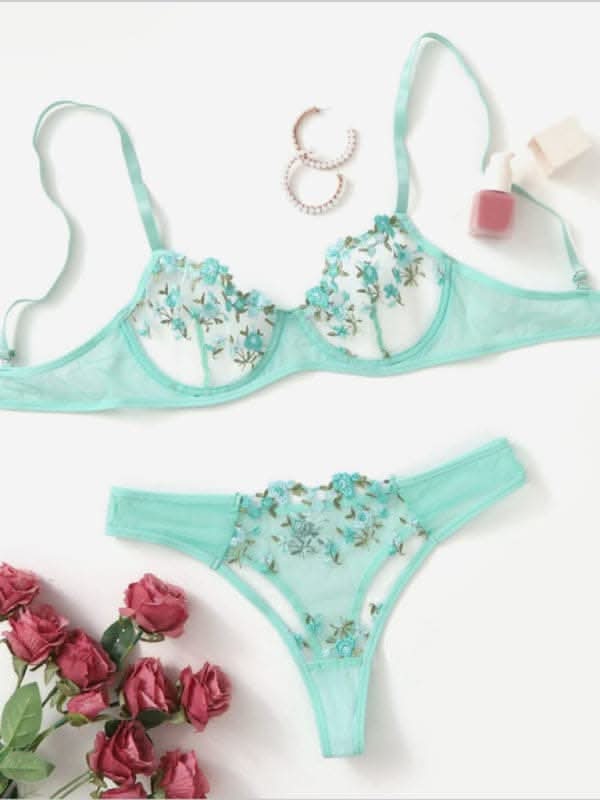 New women's sexy see-through floral lingerie set.