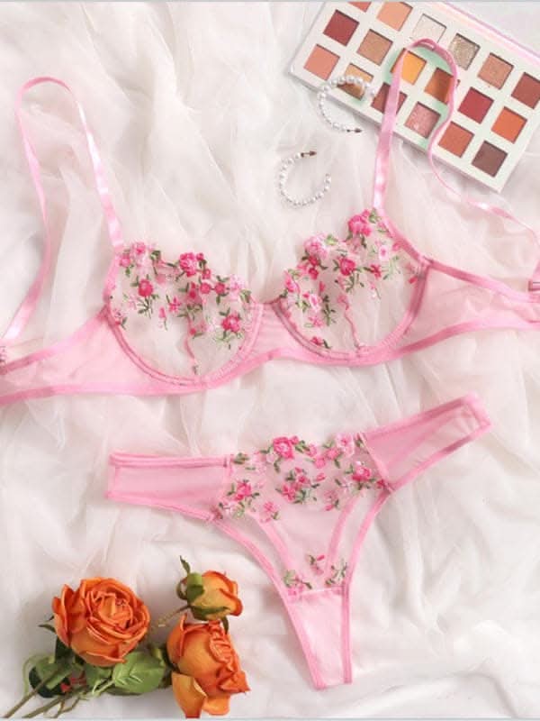 New women's sexy see-through floral lingerie set.