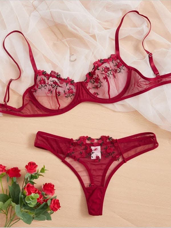 New women's sexy see-through floral lingerie set.