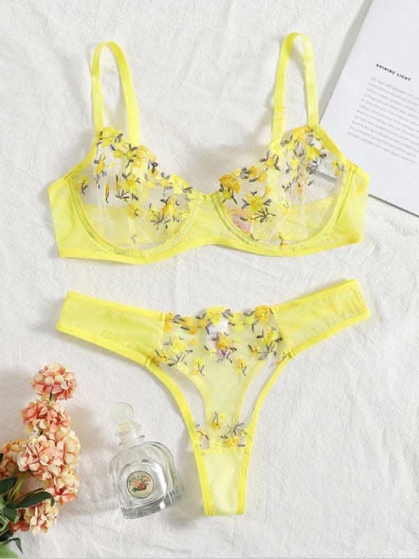 New women's sexy see-through floral lingerie set.