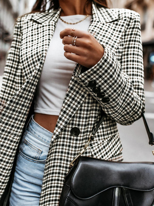 New Coat Button Plaid Printed Small Suit Women's Mid-Length Coat