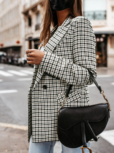 New Coat Button Plaid Printed Small Suit Women's Mid-Length Coat