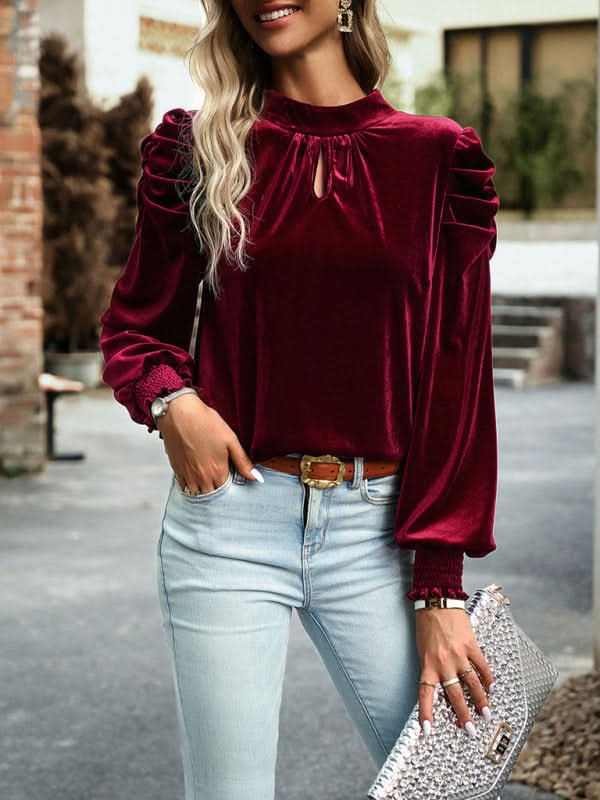 Women's gold velvet turtleneck shirt