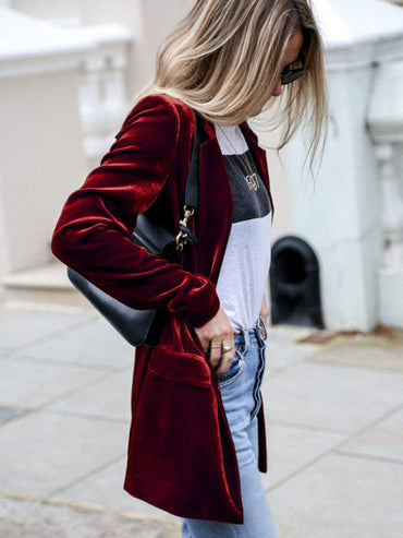 New Solid Color Casual Suit Cardigan Mid-Length Jacket