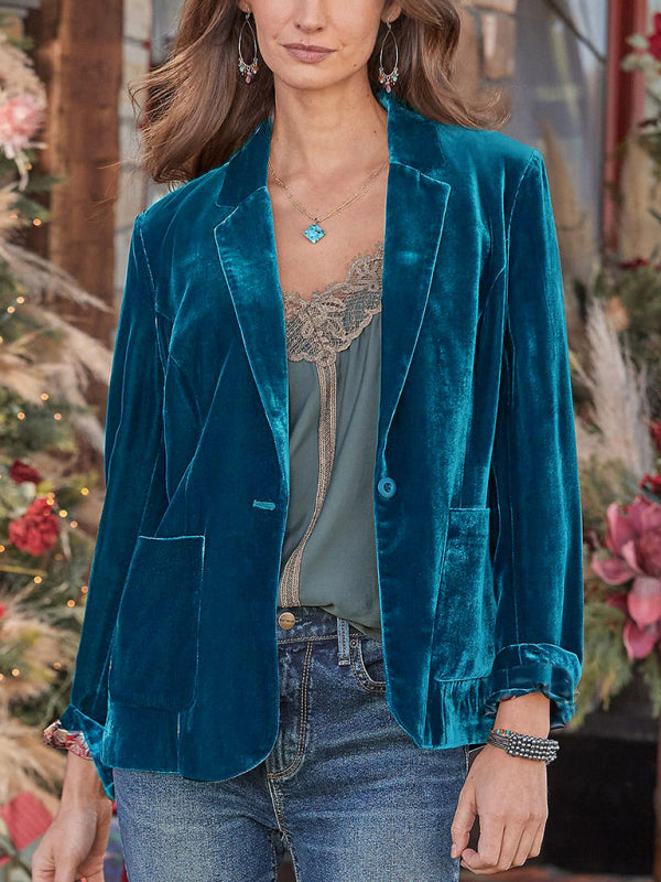 Women's Gold Velvet Casual Short Lapel Blazer for Outings