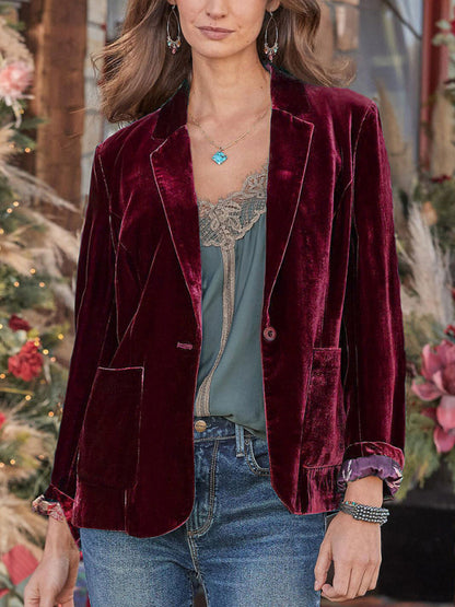 Women's Gold Velvet Casual Short Lapel Blazer for Outings