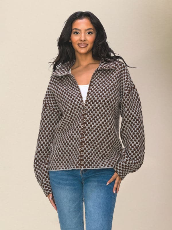 Women’s plaid zip cardigan - casual knit