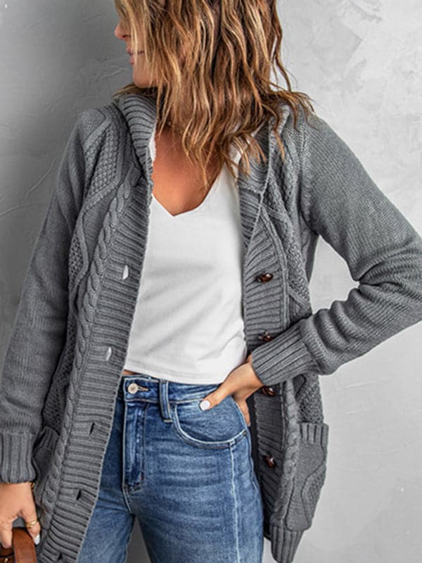 Hooded mid-length cardigan for autumn-winter