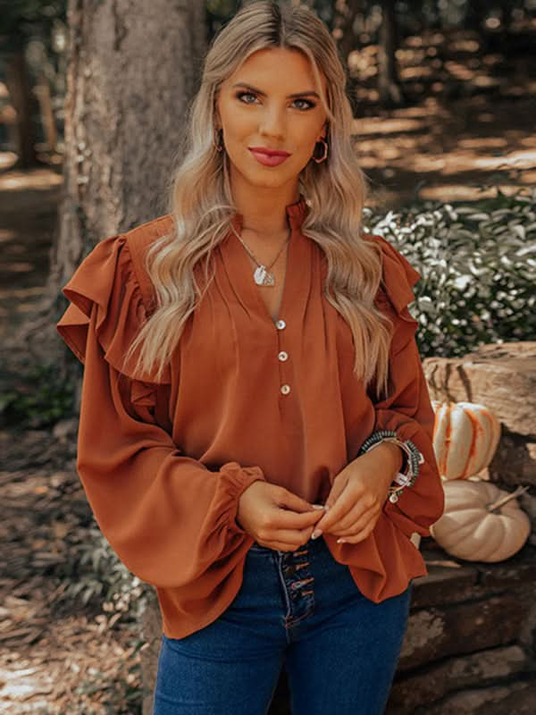 V-neck ruffled button top